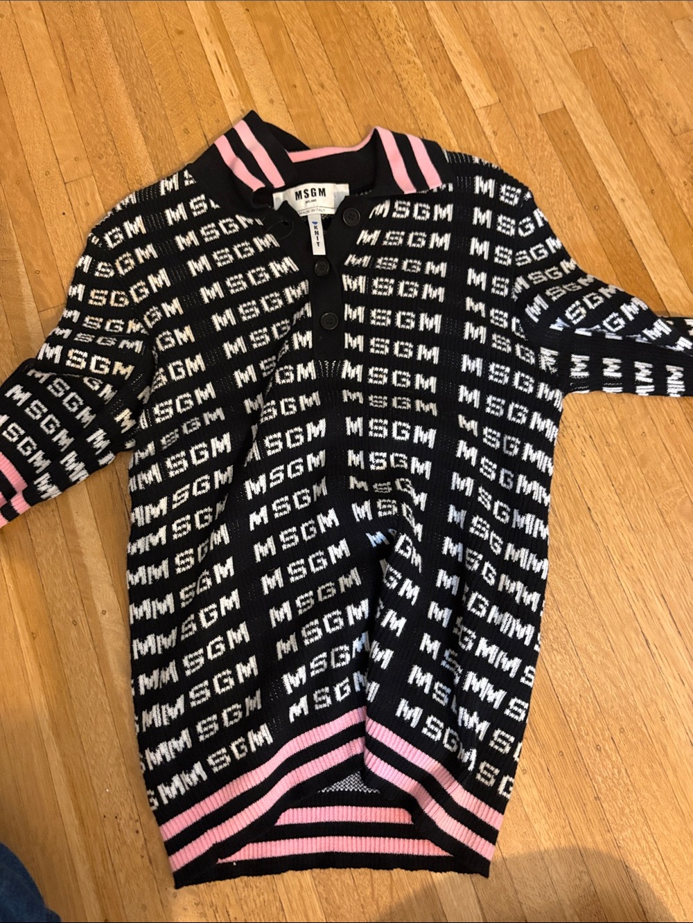 MSGM Black Knit Polo Top with Pink Stripe Accents